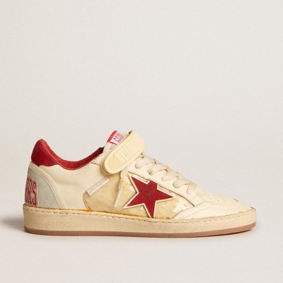 Golden Goose Ball Star LAB Sneakers In Cream-colored Nappa With Red Suede Star GWF00554.F005681.11474