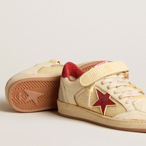 Golden Goose Ball Star LAB Sneakers In Cream-colored Nappa With Red Suede Star GWF00554.F005681.11474