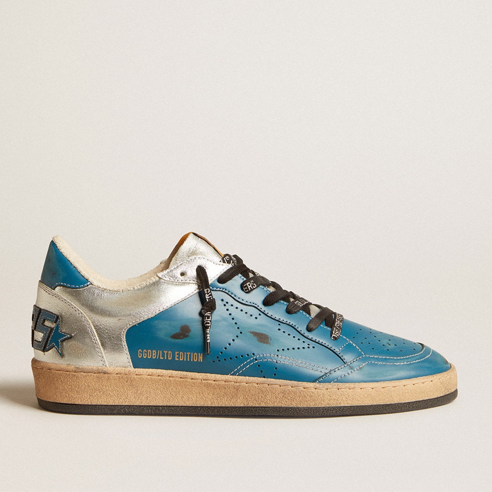 Golden Goose Ball Star LAB Sneakers In Glossy Blue And Silver Leather With Perforated Star GMF00515.F004377.50768