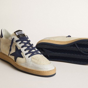 Golden Goose Ball Star LTD Sneakers In Cream Nappa With Blue Leather Star And Heel Tab GMF00117.F005239.11676