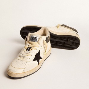 Golden Goose Ball Star Pro Mid Sneakers In Aged White Leather With Black Star GMF00725.F005795.10283