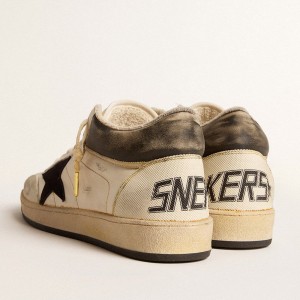 Golden Goose Ball Star Pro Mid Sneakers In Aged White Leather With Black Star GMF00725.F005795.10283