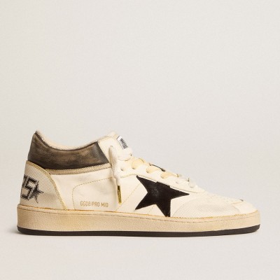 Golden Goose Ball Star Pro Mid Sneakers In Aged White Leather With Black Star GWF00725.F005795.10283