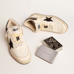 Golden Goose Ball Star Pro Mid Sneakers In Aged White Leather With Black Star GWF00725.F005795.10283