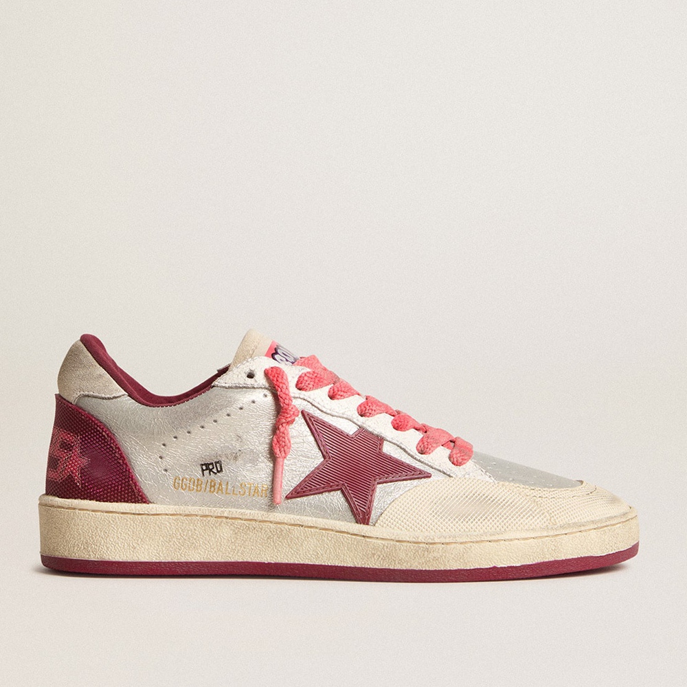 Golden Goose Ball Star Pro Sneakers In Silver Crackle Leather With Burgundy Star GMF00389.F005817.82645