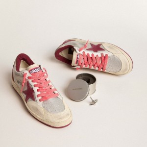 Golden Goose Ball Star Pro Sneakers In Silver Crackle Leather With Burgundy Star GMF00389.F005817.82645