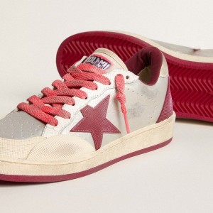 Golden Goose Ball Star Pro Sneakers In Silver Crackle Leather With Burgundy Star GMF00389.F005817.82645