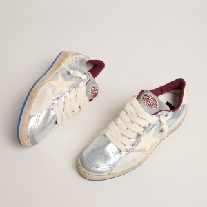 Golden Goose Ball Star Pro Sneakers In Silver Metallic Leather With Cream-colored Star GMF00795.F006342.70140