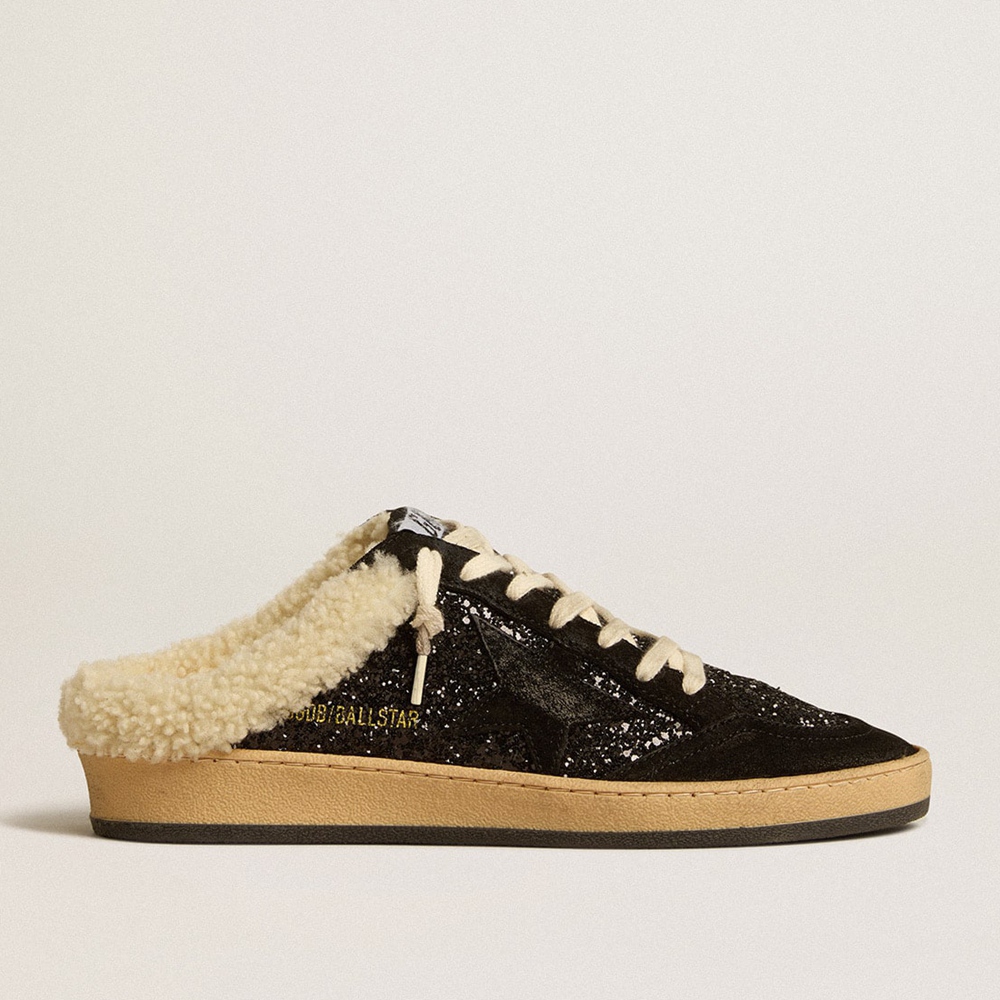 Golden Goose Ball Star Sabots Sneakers In Black Glitter With Black Star And Shearling Lining GWF00436.F005150.90194