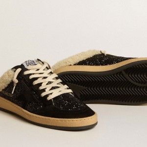 Golden Goose Ball Star Sabots Sneakers In Black Glitter With Black Star And Shearling Lining GWF00436.F005150.90194