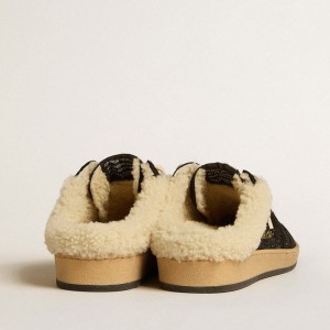 Golden Goose Ball Star Sabots Sneakers In Black Glitter With Black Star And Shearling Lining GWF00436.F005150.90194