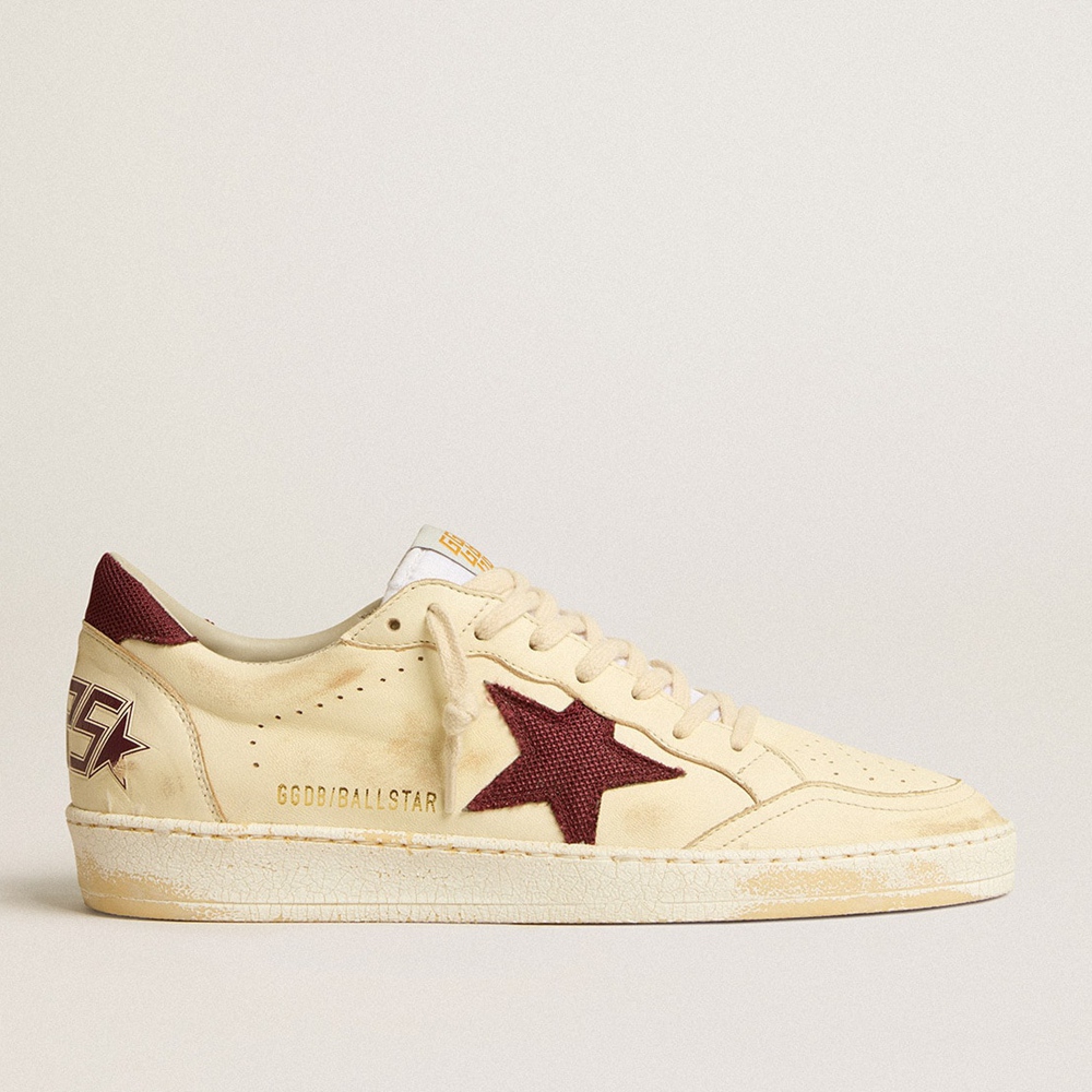 Golden Goose Ball Star Sneakers In Beige Nappa With Burgundy Mesh Star And Heel Tab GMF00117.F005165.15520