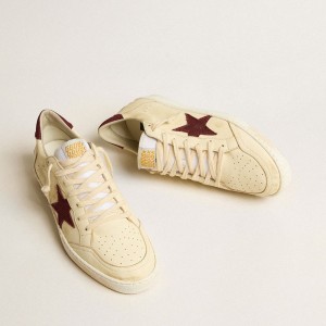 Golden Goose Ball Star Sneakers In Beige Nappa With Burgundy Mesh Star And Heel Tab GMF00117.F005165.15520