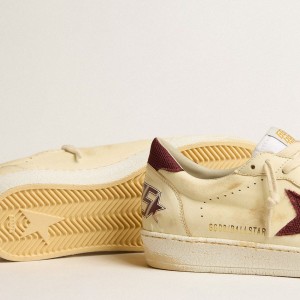 Golden Goose Ball Star Sneakers In Beige Nappa With Burgundy Mesh Star And Heel Tab GMF00117.F005165.15520