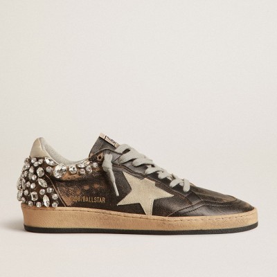 Golden Goose Ball Star Sneakers In Black Leather With Swarovski Crystal Decoration GWF00475.F004039.90369