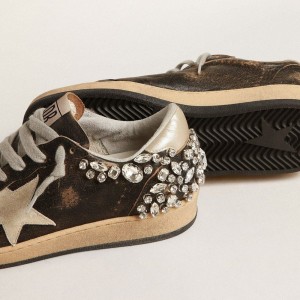 Golden Goose Ball Star Sneakers In Black Leather With Swarovski Crystal Decoration GWF00475.F004039.90369