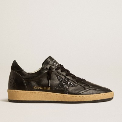 Golden Goose Ball Star Sneakers In Black Nappa Leather With Black Glitter Star And Suede Heel Tab GWF00117.F005220.90100