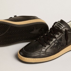 Golden Goose Ball Star Sneakers In Black Nappa Leather With Black Glitter Star And Suede Heel Tab GWF00117.F005220.90100