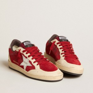 Golden Goose Ball Star Sneakers In Burgundy Suede With Silver Leather Star And Heel Tab GWF00117.F005955.40478