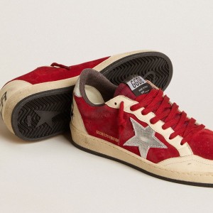 Golden Goose Ball Star Sneakers In Burgundy Suede With Silver Leather Star And Heel Tab GWF00117.F005955.40478