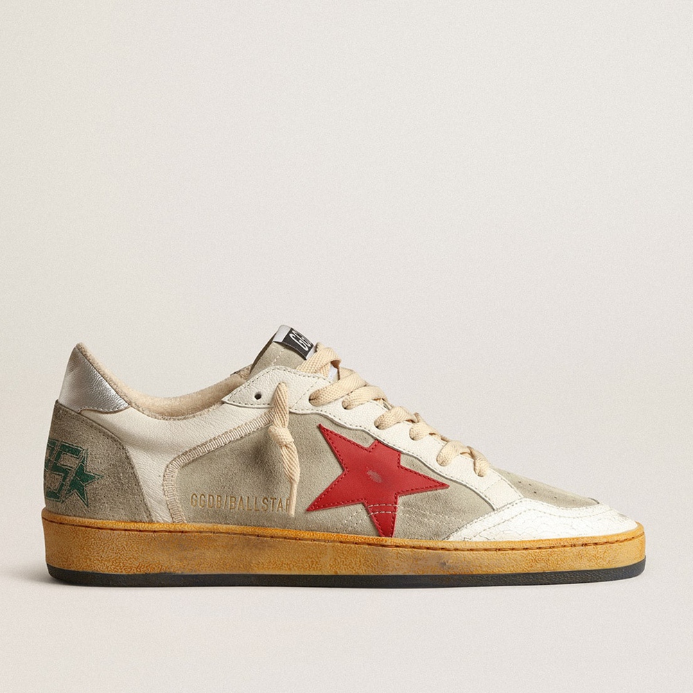 Golden Goose Ball Star Sneakers In Gray Suede With Red Star And Silver Heel Tab GMF00327.F004032.60401