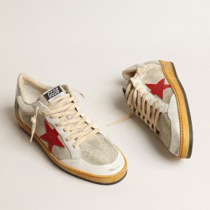 Golden Goose Ball Star Sneakers In Gray Suede With Red Star And Silver Heel Tab GMF00327.F004032.60401