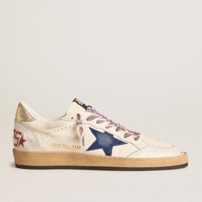 Golden Goose Ball Star Sneakers In Nappa Leather With Blue Suede Star And Platinum Leather Heel Tab GMF00117.F006014.82684