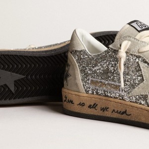 Golden Goose Ball Star Sneakers In Silver Glitter With Ice-gray Suede Inserts GWF00117.F003992.70136