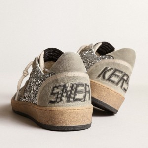 Golden Goose Ball Star Sneakers In Silver Glitter With Ice-gray Suede Inserts GWF00117.F003992.70136