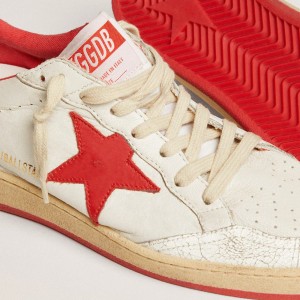 Golden Goose Ball Star Sneakers In White Leather With Red Star And Heel Tab GWF00117.F000325.10275