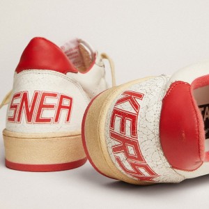 Golden Goose Ball Star Sneakers In White Leather With Red Star And Heel Tab GWF00117.F000325.10275