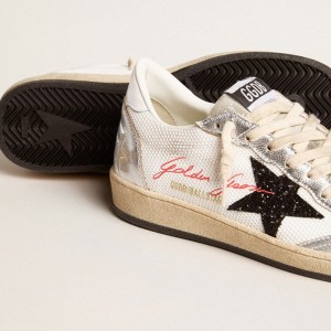 Golden Goose Ball Star Sneakers In White Mesh With Black Glitter Star And Silver Inserts GWF00117.F005963.11875