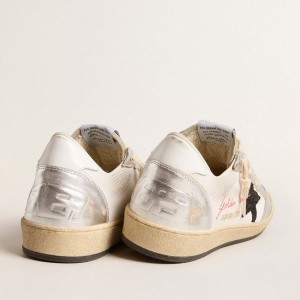 Golden Goose Ball Star Sneakers In White Mesh With Black Glitter Star And Silver Inserts GWF00117.F005963.11875