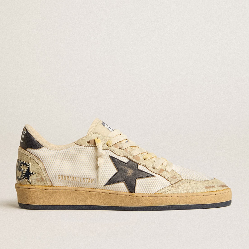 Golden Goose Ball Star Sneakers In White Mesh With Vintage Blue Leather Star And Heel Tab GMF00117.F005237.11677