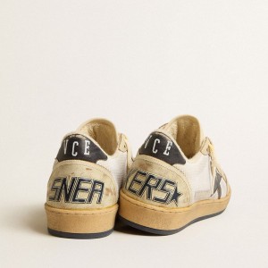 Golden Goose Ball Star Sneakers In White Mesh With Vintage Blue Leather Star And Heel Tab GMF00117.F005237.11677