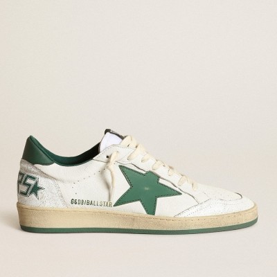 Golden Goose Ball Star Sneakers In White Nappa Leather With Green Leather Star And Heel Tab GMF00117.F000325.10502