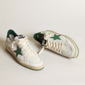 Golden Goose Ball Star Sneakers In White Nappa Leather With Green Leather Star And Heel Tab GMF00117.F000325.10502