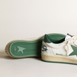 Golden Goose Ball Star Sneakers In White Nappa Leather With Green Leather Star And Heel Tab GMF00117.F000325.10502