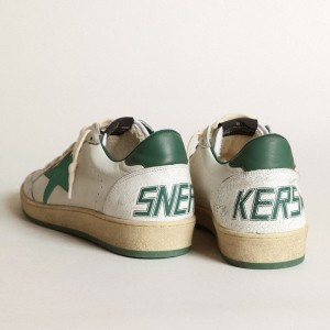 Golden Goose Ball Star Sneakers In White Nappa Leather With Green Leather Star And Heel Tab GMF00117.F000325.10502