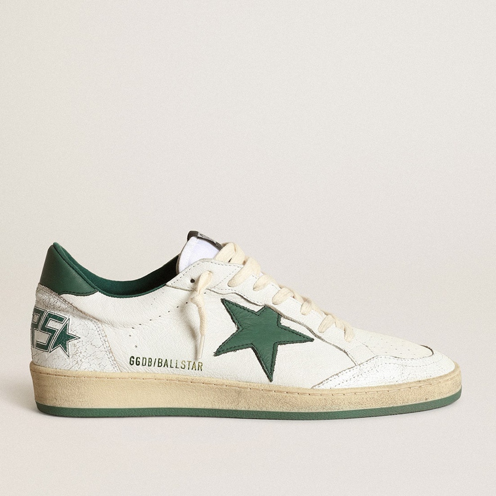 Golden Goose Ball Star Sneakers In White Nappa Leather With Green Leather Star And Heel Tab GWF00117.F000325.10502