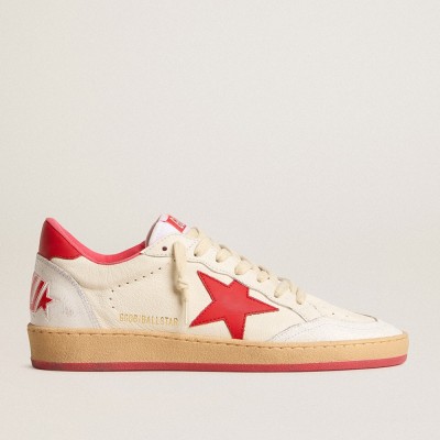 Golden Goose Ball Star Wishes Sneakers In White Leather With A Red Star And Heel Tab GMF00117.F005823.10350