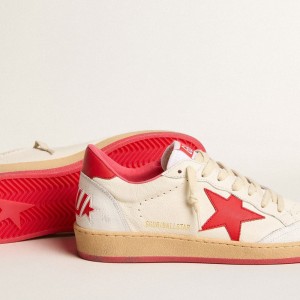 Golden Goose Ball Star Wishes Sneakers In White Leather With A Red Star And Heel Tab GMF00117.F005823.10350