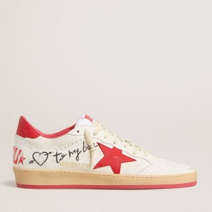 Golden Goose Ball Star Wishes Sneakers In White Leather With A Red Star And Heel Tab GMF00117.F005823.10350