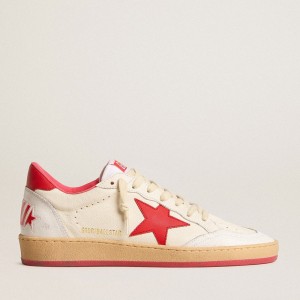 Golden Goose Ball Star Wishes Sneakers In White Leather With A Red Star And Heel Tab GWF00117.F005823.10350