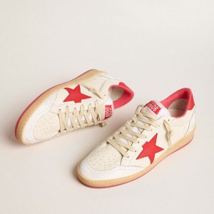 Golden Goose Ball Star Wishes Sneakers In White Leather With A Red Star And Heel Tab GWF00117.F005823.10350