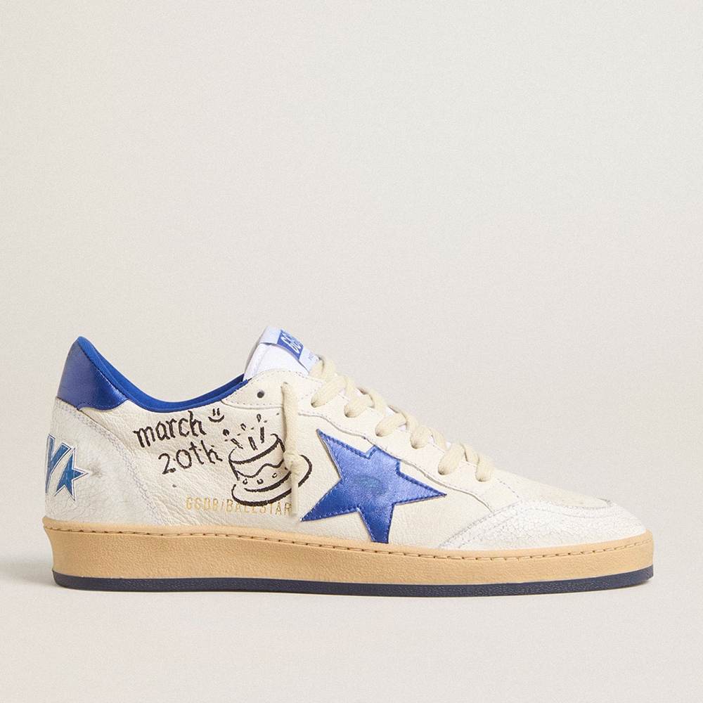 Golden Goose Ball Star Wishes Sneakers In White Nappa Leather With Bright Blue Star And Heel Tab GWF00117.F005822.10793