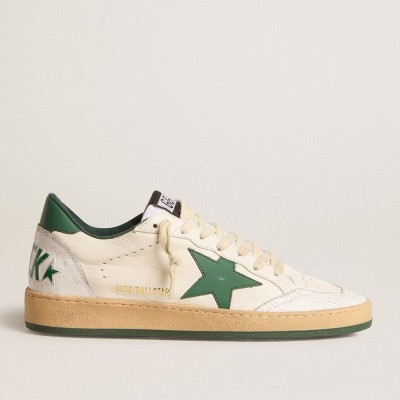 Golden Goose Ball Star Wishes Sneakers In White Nappa Leather With Green Leather Star And Heel Tab GMF00117.F005821.10361