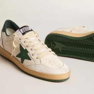 Golden Goose Ball Star Wishes Sneakers In White Nappa Leather With Green Leather Star And Heel Tab GMF00117.F005821.10361