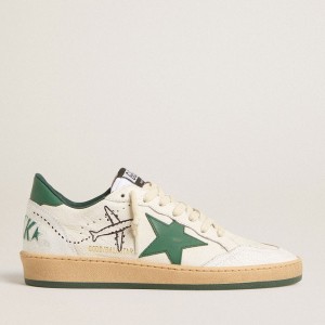 Golden Goose Ball Star Wishes Sneakers In White Nappa Leather With Green Leather Star And Heel Tab GMF00117.F005821.10361