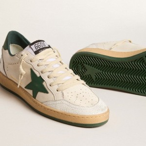 Golden Goose Ball Star Wishes Sneakers In White Nappa Leather With Green Leather Star And Heel Tab GWF00117.F005821.10361